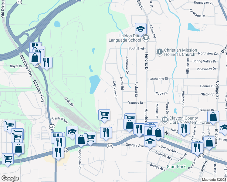 map of restaurants, bars, coffee shops, grocery stores, and more near 4681 City View Drive in Forest Park