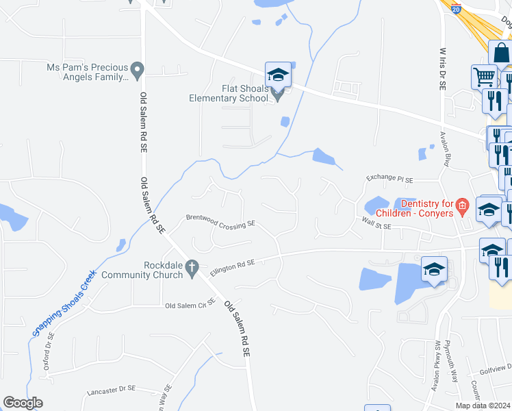 map of restaurants, bars, coffee shops, grocery stores, and more near 1715 Foxwood Glen Southeast in Conyers
