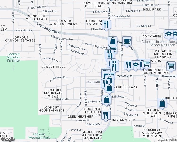 map of restaurants, bars, coffee shops, grocery stores, and more near 2205 East Waltann Lane in Phoenix