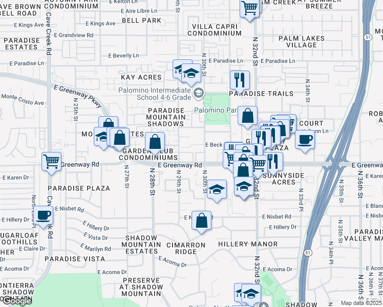 map of restaurants, bars, coffee shops, grocery stores, and more near 2950 East Greenway Road in Phoenix