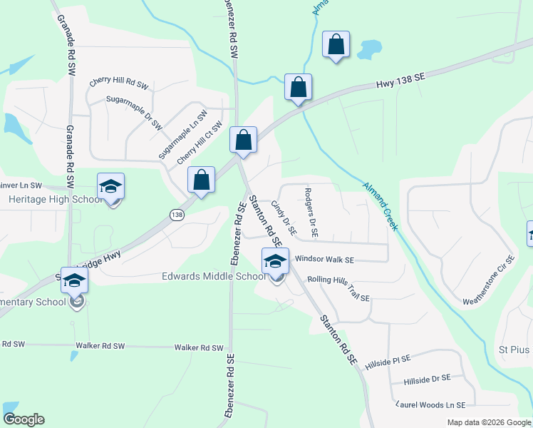 map of restaurants, bars, coffee shops, grocery stores, and more near 2376 Stanton Road Southeast in Conyers