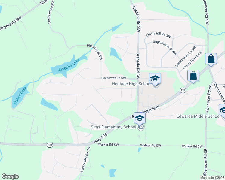 map of restaurants, bars, coffee shops, grocery stores, and more near 1912 Heritage Drive Southwest in Conyers