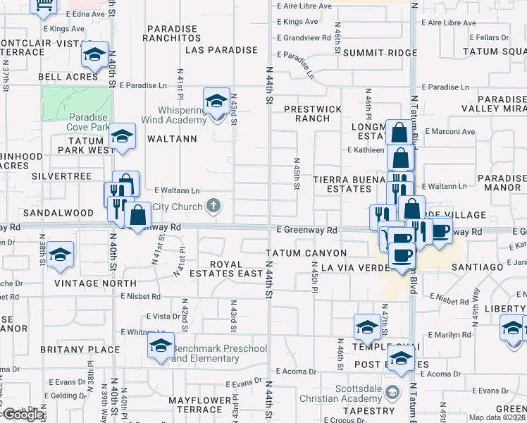 map of restaurants, bars, coffee shops, grocery stores, and more near 4344 East Beck Lane in Phoenix