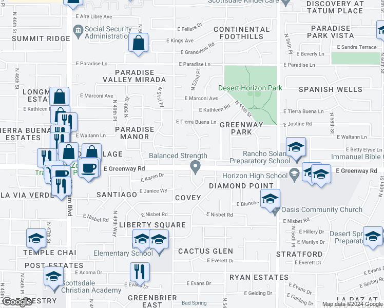 map of restaurants, bars, coffee shops, grocery stores, and more near 15418 North 52nd Place in Scottsdale
