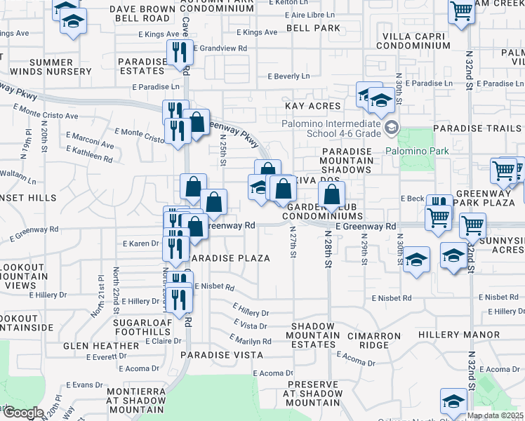 map of restaurants, bars, coffee shops, grocery stores, and more near 2616 East Greenway Road in Phoenix