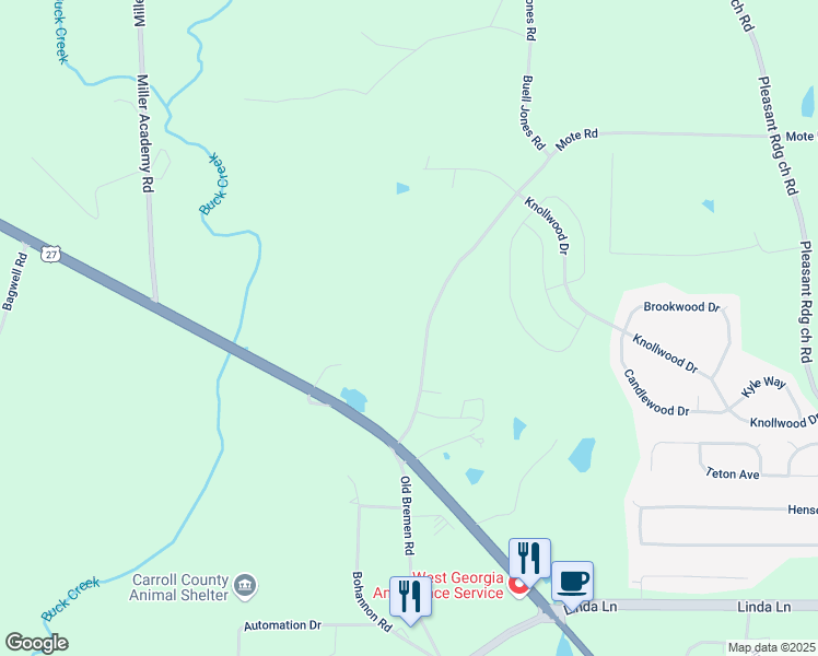 map of restaurants, bars, coffee shops, grocery stores, and more near 144 Mote Road in Carrollton