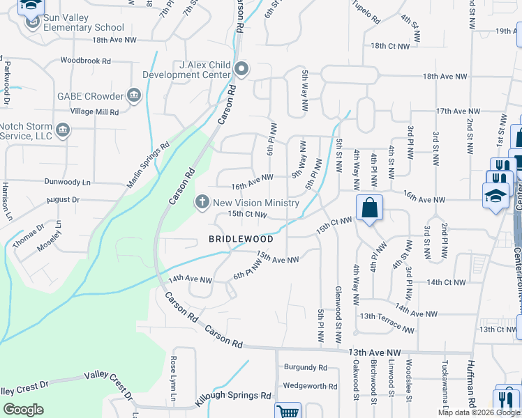 map of restaurants, bars, coffee shops, grocery stores, and more near 624 15th Ct NW in Center Point