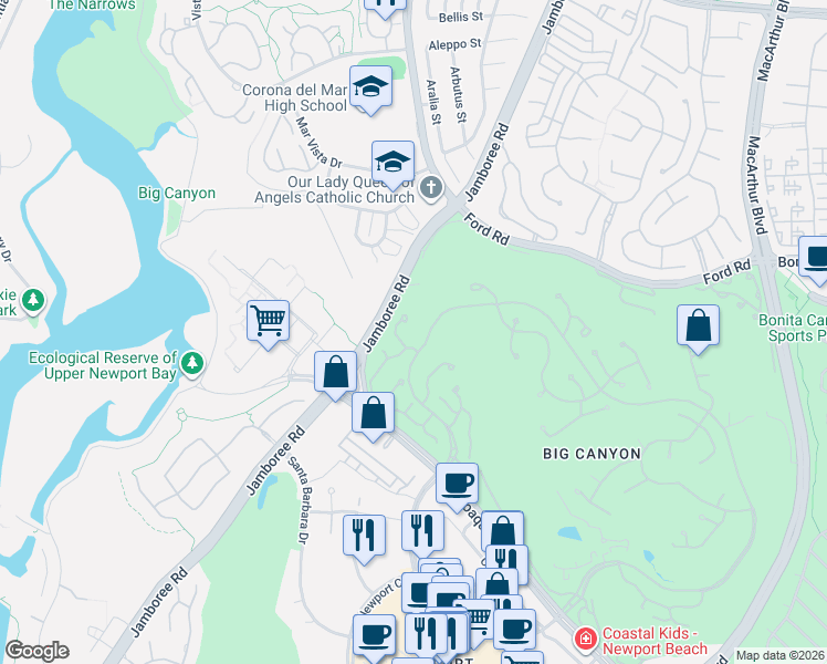 map of restaurants, bars, coffee shops, grocery stores, and more near 14 Rue Grand Ducal in Newport Beach