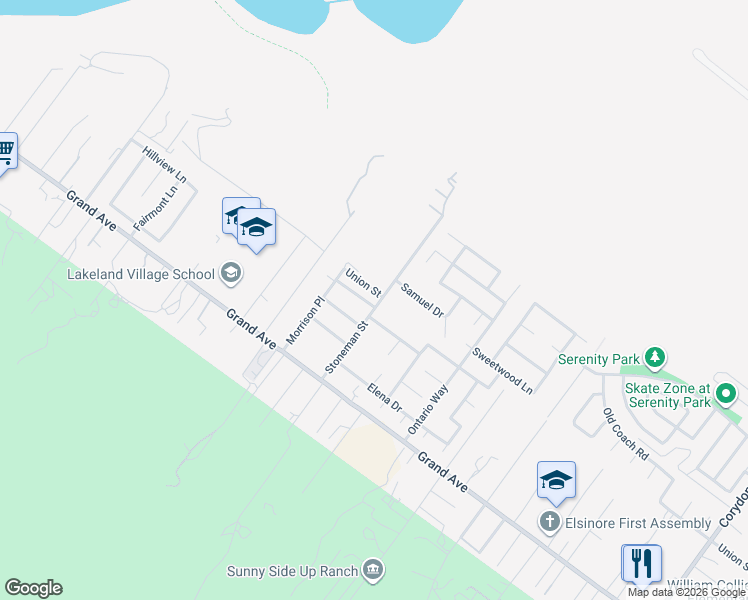 map of restaurants, bars, coffee shops, grocery stores, and more near 19086 Reindeer Drive in Lake Elsinore