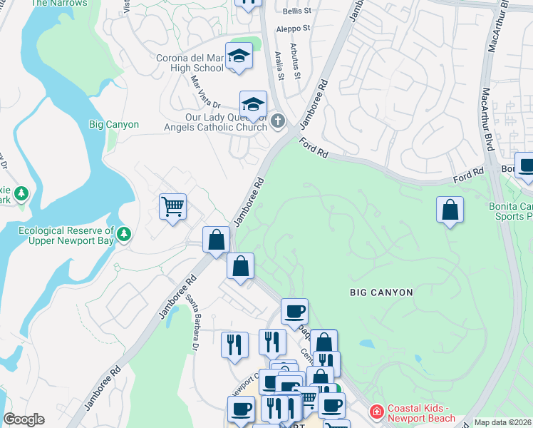 map of restaurants, bars, coffee shops, grocery stores, and more near 14 Rue Grand Ducal in Newport Beach