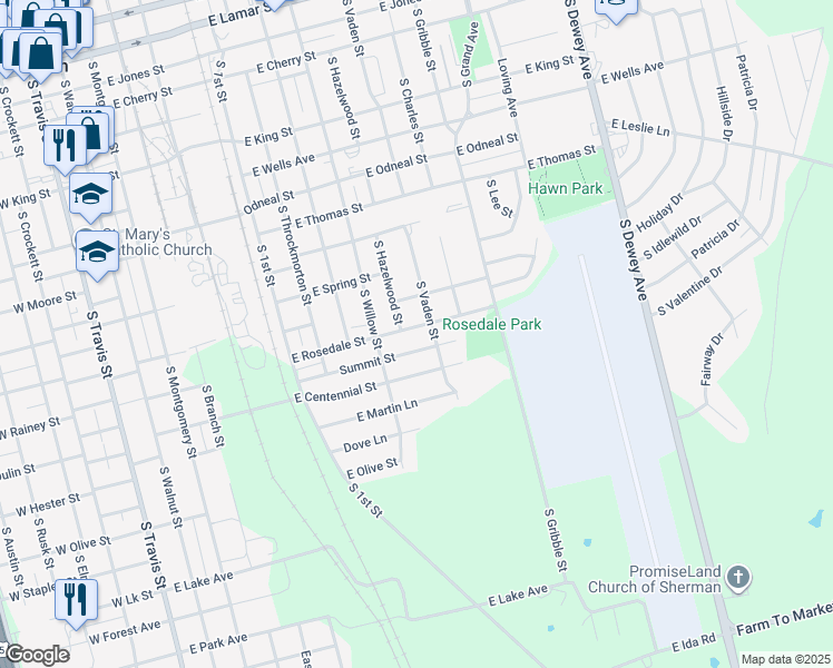map of restaurants, bars, coffee shops, grocery stores, and more near 1010 East Rosedale Street in Sherman