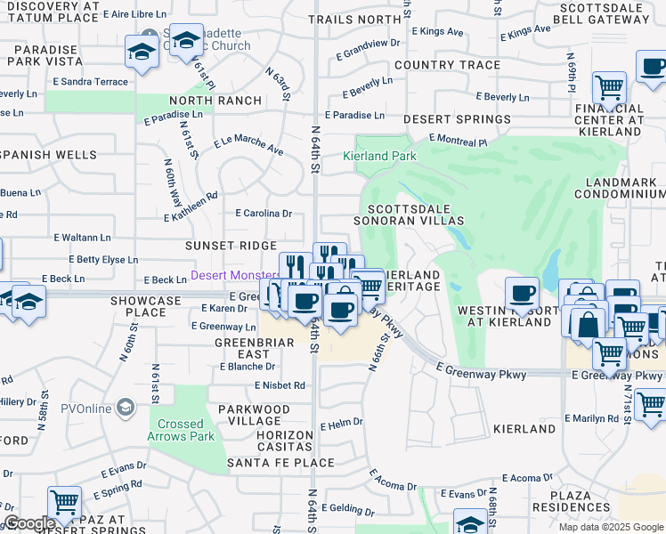 map of restaurants, bars, coffee shops, grocery stores, and more near 6412 East Beck Lane in Scottsdale