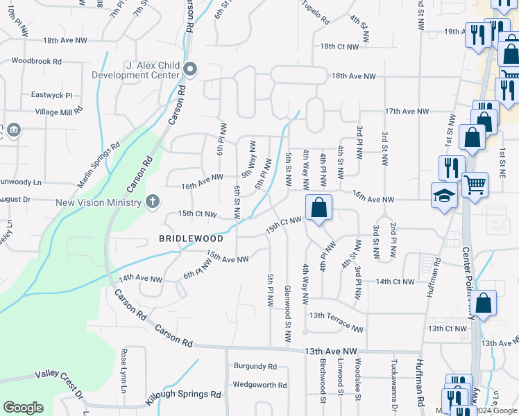 map of restaurants, bars, coffee shops, grocery stores, and more near 528 16th Avenue Northwest in Center Point