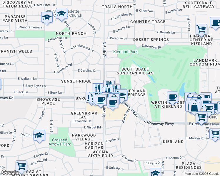 map of restaurants, bars, coffee shops, grocery stores, and more near 6412 East Beck Lane in Scottsdale