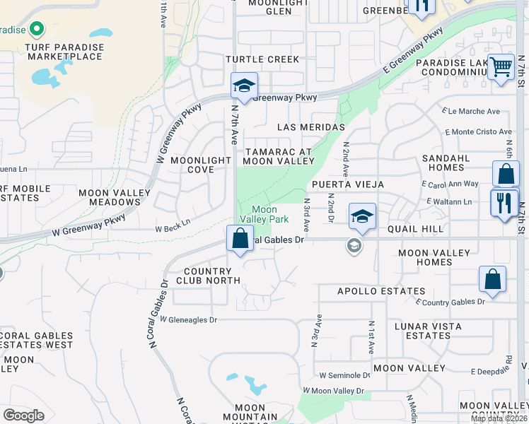 map of restaurants, bars, coffee shops, grocery stores, and more near 502 West Coral Gables Drive in Phoenix