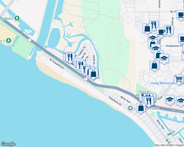 map of restaurants, bars, coffee shops, grocery stores, and more near 230 62nd Street in Newport Beach