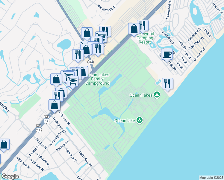 map of restaurants, bars, coffee shops, grocery stores, and more near Q-40 Ibis Drive in Myrtle Beach