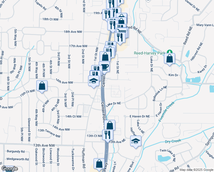 map of restaurants, bars, coffee shops, grocery stores, and more near 1575 Center Point Parkway in Birmingham