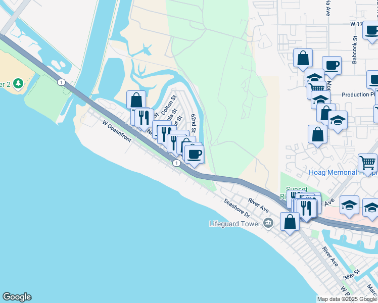 map of restaurants, bars, coffee shops, grocery stores, and more near 230 62nd Street in Newport Beach