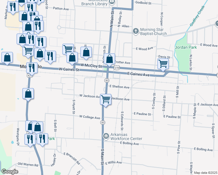 map of restaurants, bars, coffee shops, grocery stores, and more near 201 South Main Street in Monticello