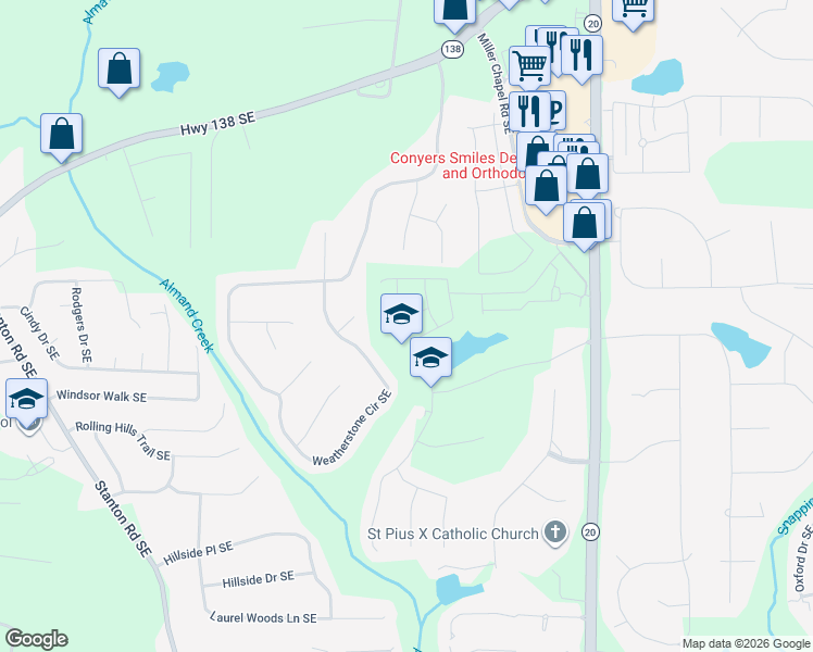 map of restaurants, bars, coffee shops, grocery stores, and more near 2450 Lennox Road Southeast in Conyers