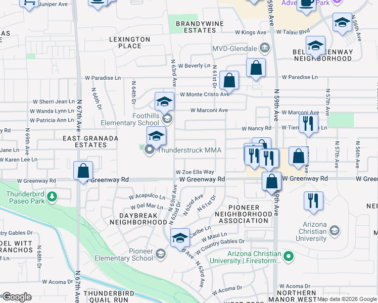 map of restaurants, bars, coffee shops, grocery stores, and more near 6205 West Mary Jane Lane in Glendale