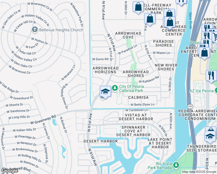 map of restaurants, bars, coffee shops, grocery stores, and more near 15708 North 90th Avenue in Peoria