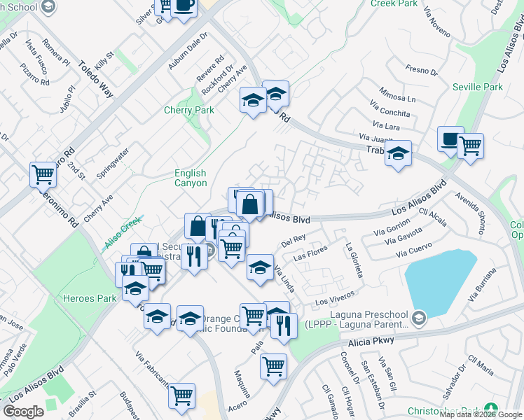 map of restaurants, bars, coffee shops, grocery stores, and more near 23160 Los Alisos Boulevard in Mission Viejo
