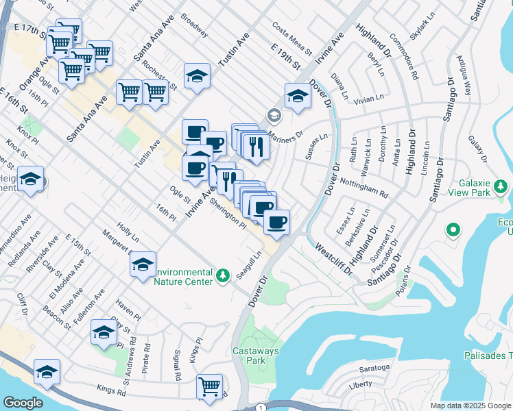 map of restaurants, bars, coffee shops, grocery stores, and more near 1800 Westcliff Drive in Newport Beach
