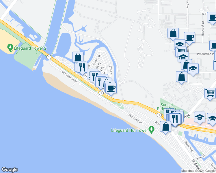 map of restaurants, bars, coffee shops, grocery stores, and more near 230 62nd Street in Newport Beach