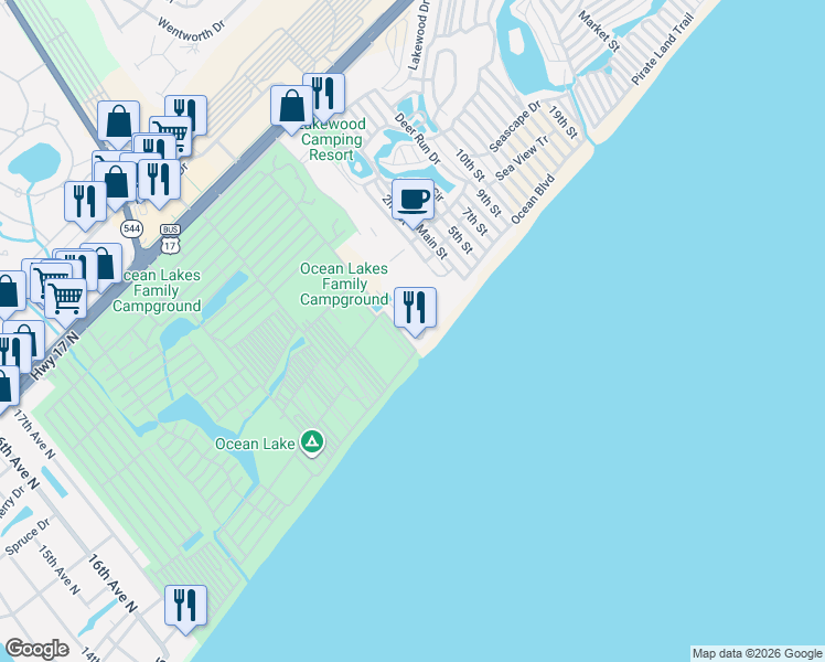 map of restaurants, bars, coffee shops, grocery stores, and more near 5905 Ocean Boulevard in Myrtle Beach