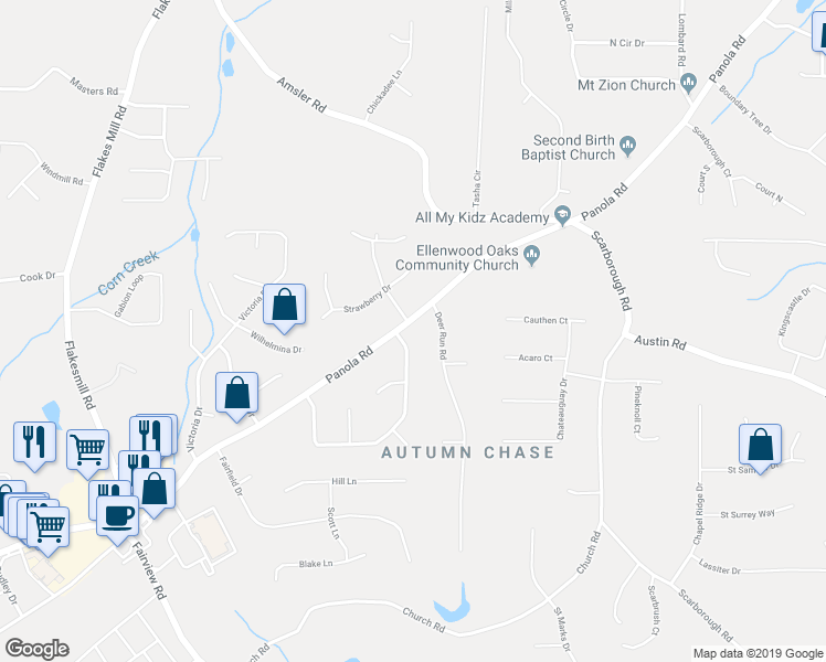 map of restaurants, bars, coffee shops, grocery stores, and more near 1393 Panola Road in Ellenwood