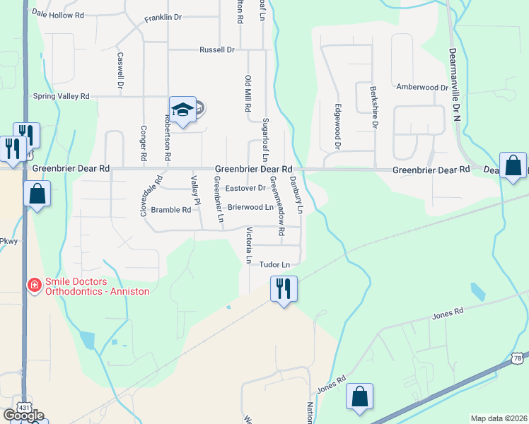 map of restaurants, bars, coffee shops, grocery stores, and more near 4128 Brierwood Lane in Anniston