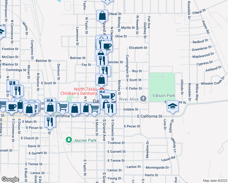 map of restaurants, bars, coffee shops, grocery stores, and more near 335 North Clements Street in Gainesville