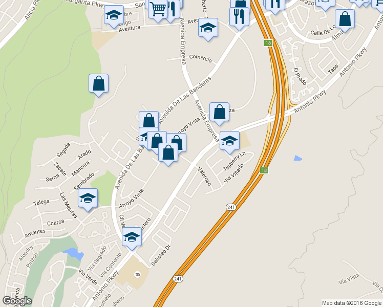 map of restaurants, bars, coffee shops, grocery stores, and more near 23121 Antonio Parkway in Rancho Santa Margarita