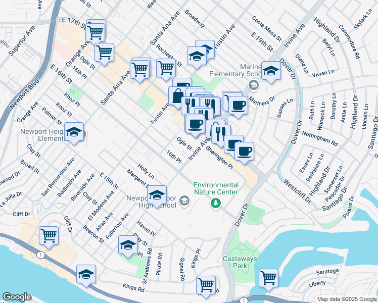 map of restaurants, bars, coffee shops, grocery stores, and more near 493 Ogle Street in Costa Mesa