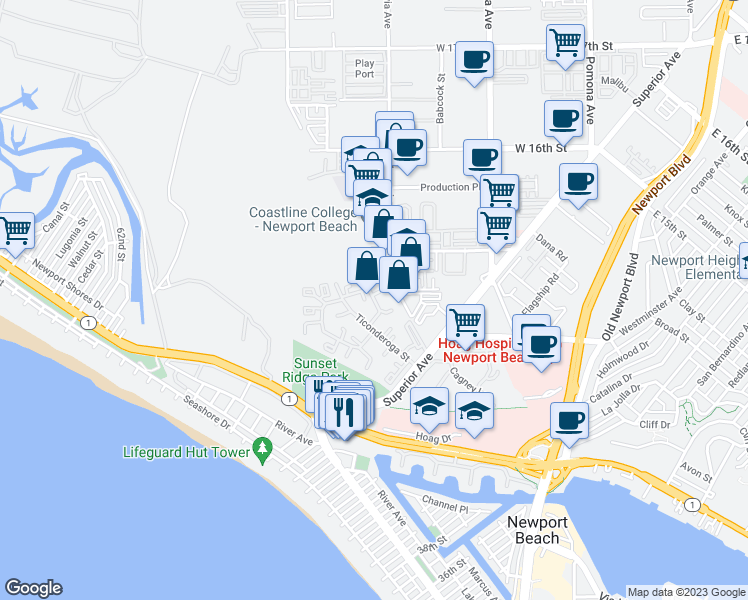 map of restaurants, bars, coffee shops, grocery stores, and more near 4 Goodwill Court in Newport Beach