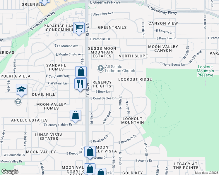 map of restaurants, bars, coffee shops, grocery stores, and more near 925 East Waltann Lane in Phoenix