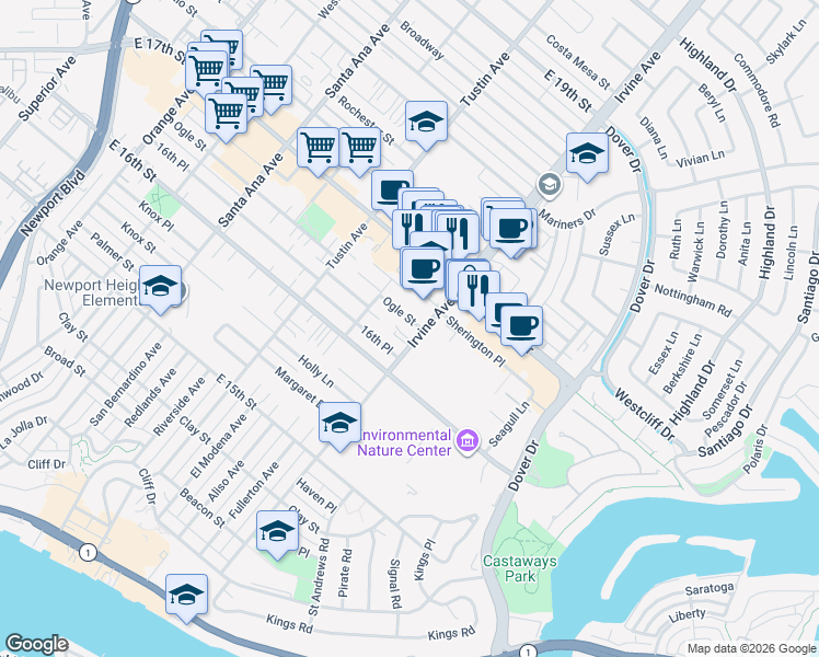 map of restaurants, bars, coffee shops, grocery stores, and more near 493 Ogle Street in Costa Mesa