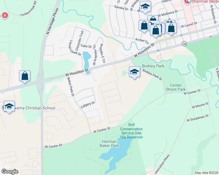 map of restaurants, bars, coffee shops, grocery stores, and more near 2310 West Houston Street in Sherman