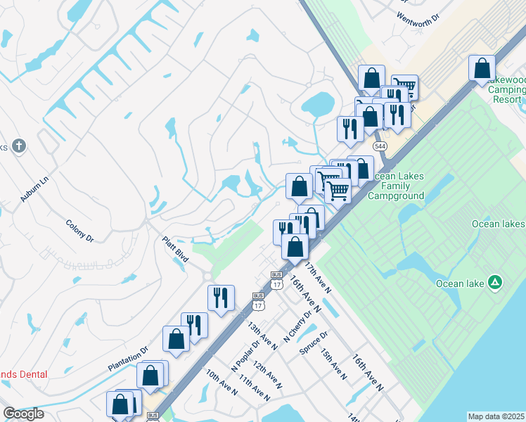 map of restaurants, bars, coffee shops, grocery stores, and more near 1703 Fawn Vista Drive North in Myrtle Beach
