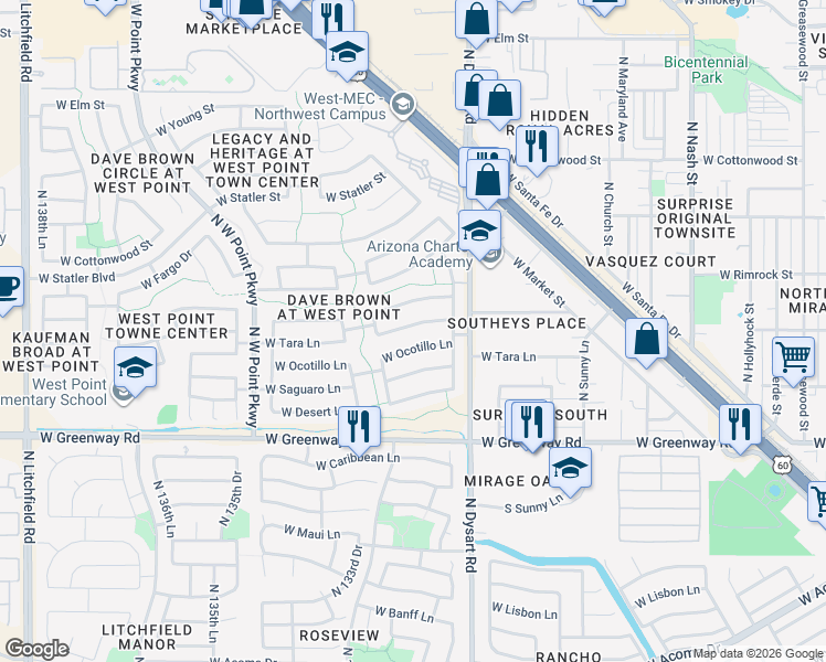 map of restaurants, bars, coffee shops, grocery stores, and more near 13188 West Ocotillo Lane in Surprise