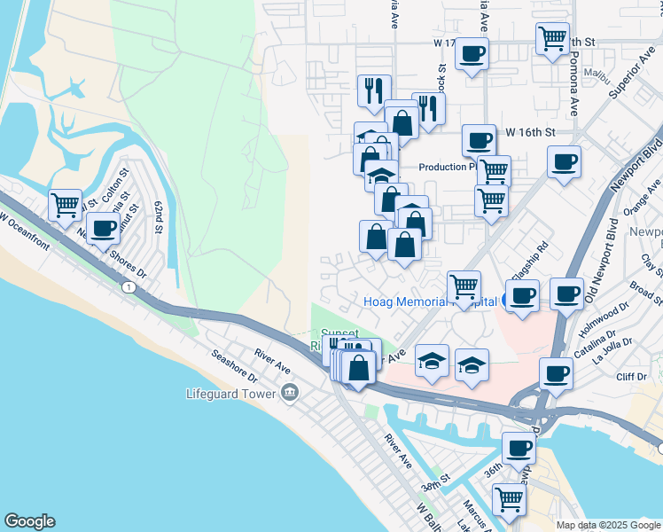 map of restaurants, bars, coffee shops, grocery stores, and more near 25 Odyssey Court in Newport Beach