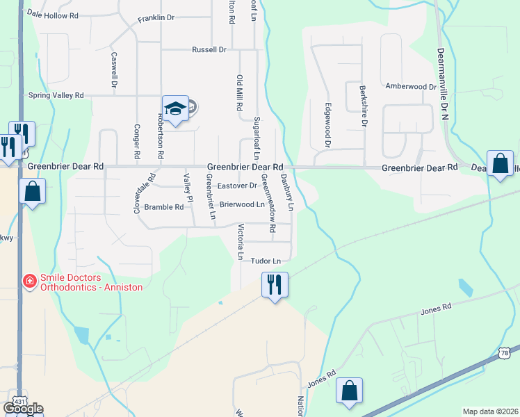 map of restaurants, bars, coffee shops, grocery stores, and more near 4128 Brierwood Lane in Anniston