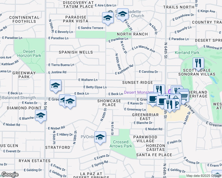 map of restaurants, bars, coffee shops, grocery stores, and more near 6017 East Betty Elyse Lane in Scottsdale