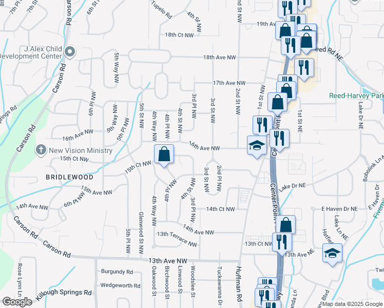 map of restaurants, bars, coffee shops, grocery stores, and more near 1525 4th Street Northwest in Center Point