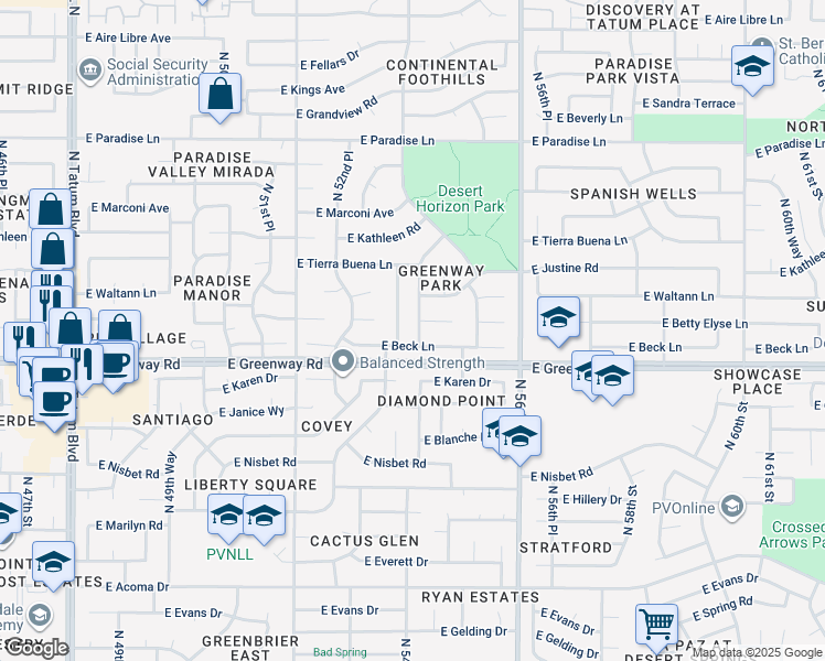 map of restaurants, bars, coffee shops, grocery stores, and more near 15424 North 54th Place in Scottsdale