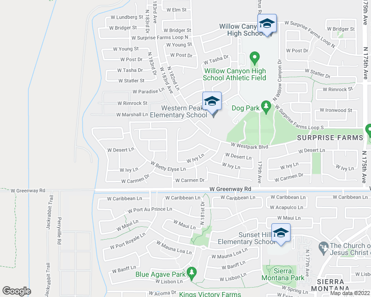 map of restaurants, bars, coffee shops, grocery stores, and more near 18176 West Desert Lane in Surprise