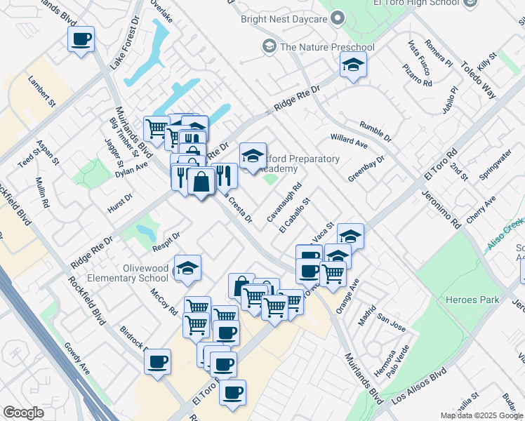 map of restaurants, bars, coffee shops, grocery stores, and more near 23088 Dune Mear Road in Lake Forest