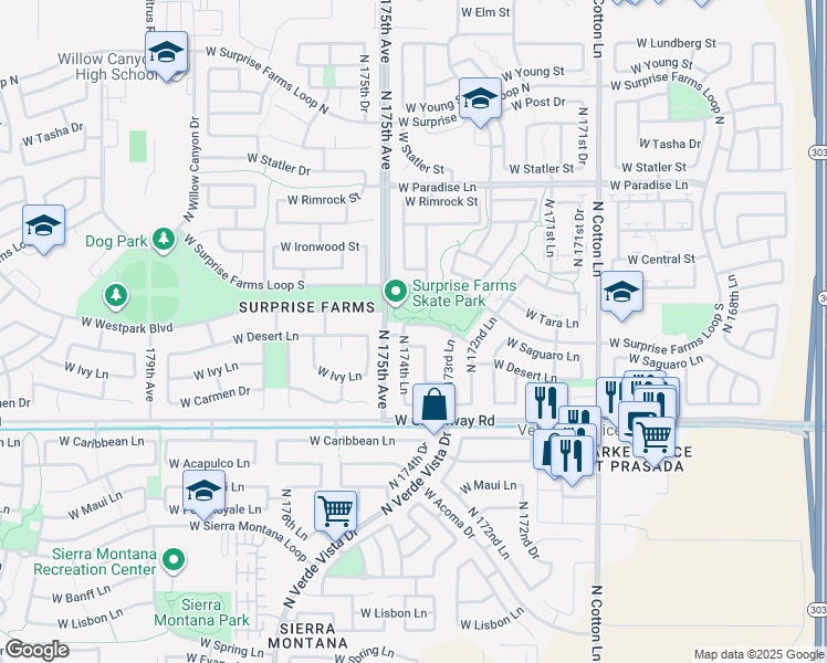 map of restaurants, bars, coffee shops, grocery stores, and more near 17429 West Saguaro Lane in Surprise
